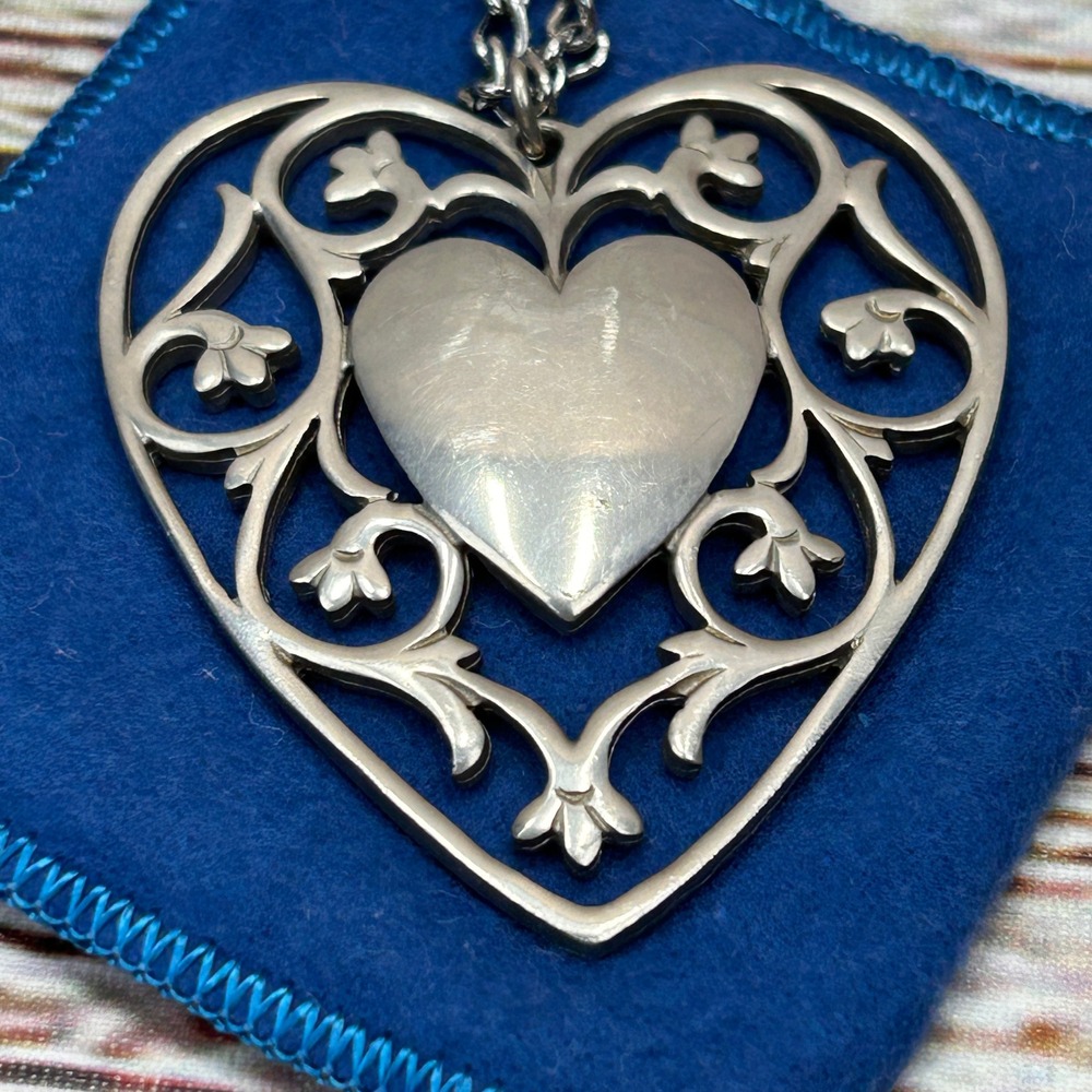 Reed & Barton Vintage Pewter Heart Pendant Filigree Necklace with Box & Dust Bag